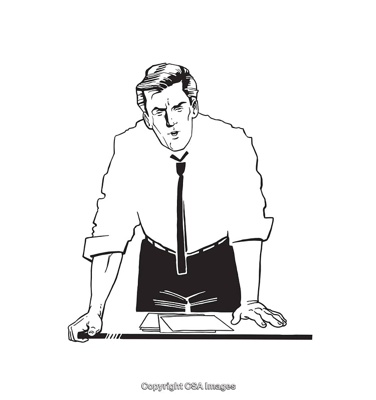 Black and White Line Art Illustration of a Confident Businessman at Work