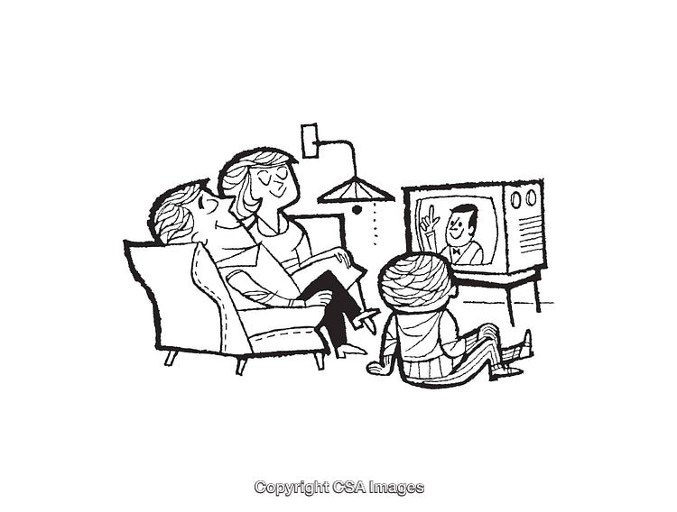 Family Relaxing Together Watching Television in Black and White Line Art Illustration