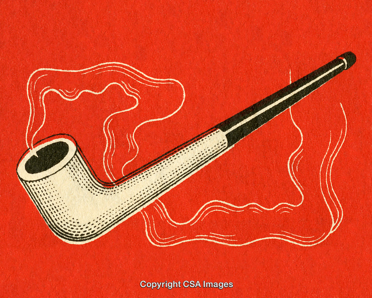 Vintage Illustration of a Smoking Pipe with Stylized Smoke on Red Background