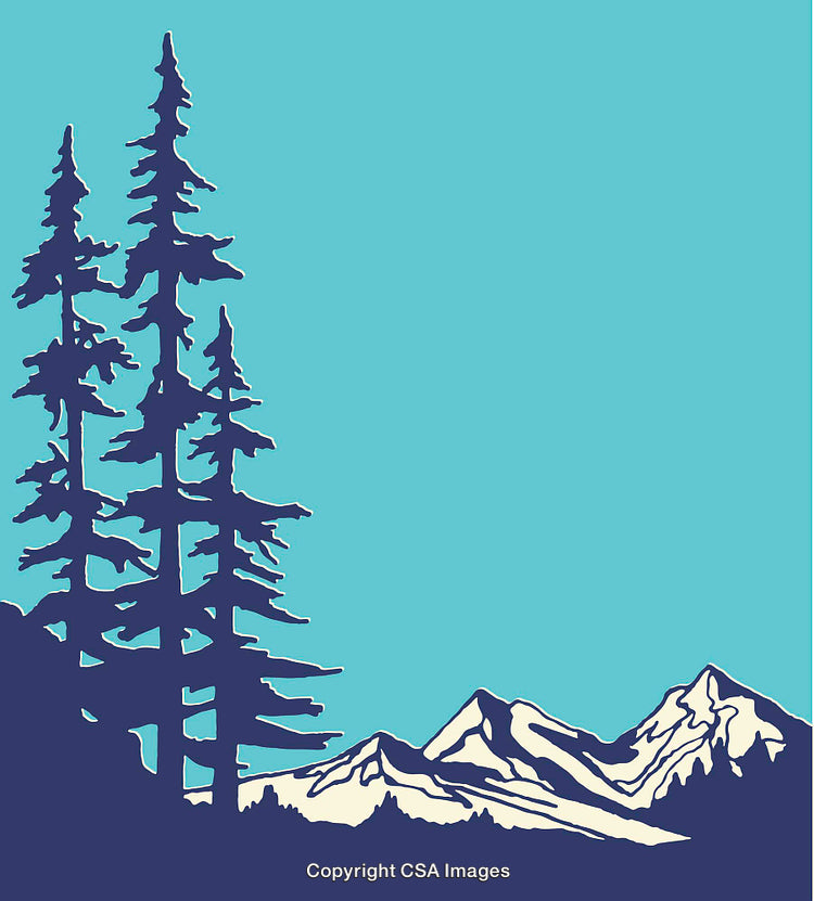 Minimalist Illustration of Pine Trees and Snow-Capped Mountain Peaks