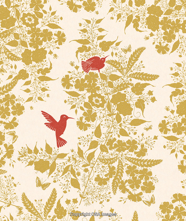 Floral Pattern with Red Hummingbirds and Golden Botanicals on Beige Background