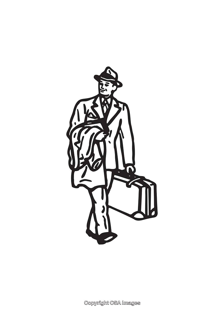 Black And White Retro Illustration of a Professional Traveling With Suitcase