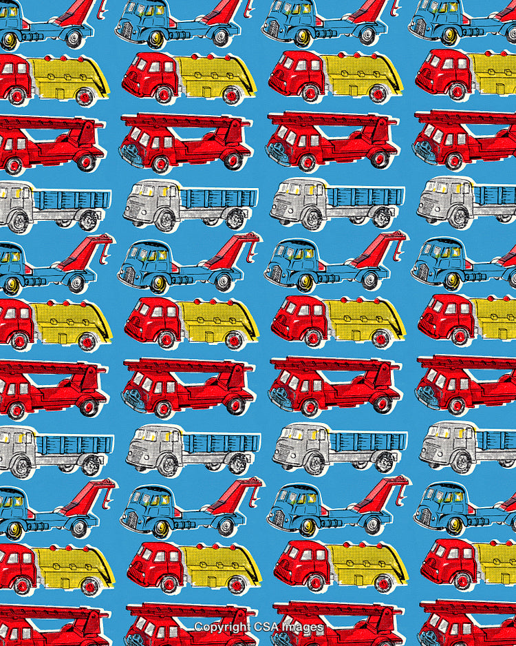 Colorful Seamless Pattern Featuring Vintage Trucks on Blue Background