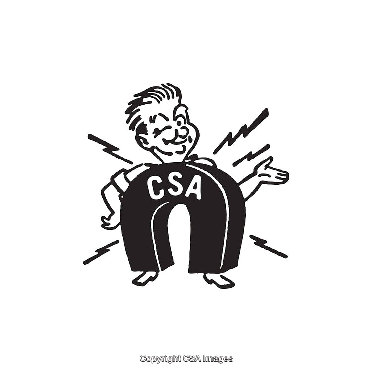 Vintage Cartoon Character with CSA Text and Decorative Lines in Black and White