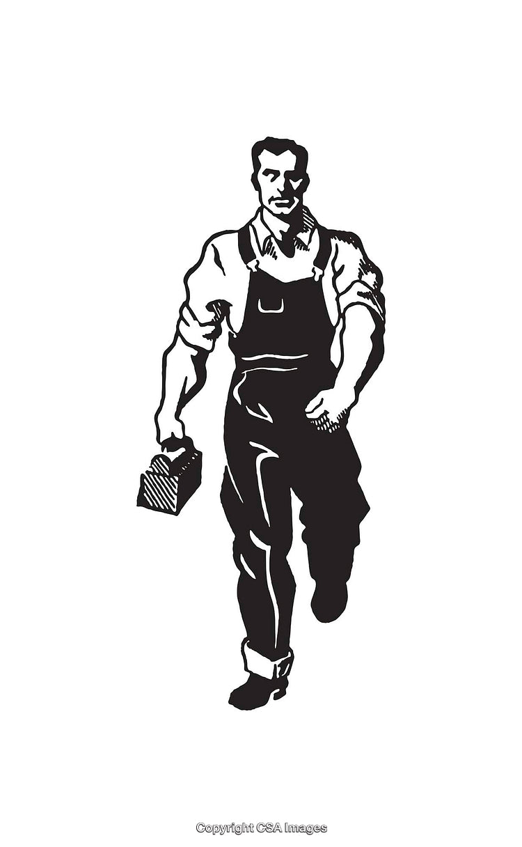 Black and White Illustration of a Strong Worker Carrying a Toolbox