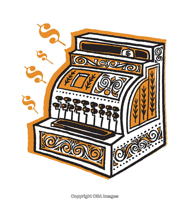 Vintage Cash Register Illustration with Decorative Elements and Dollar Signs