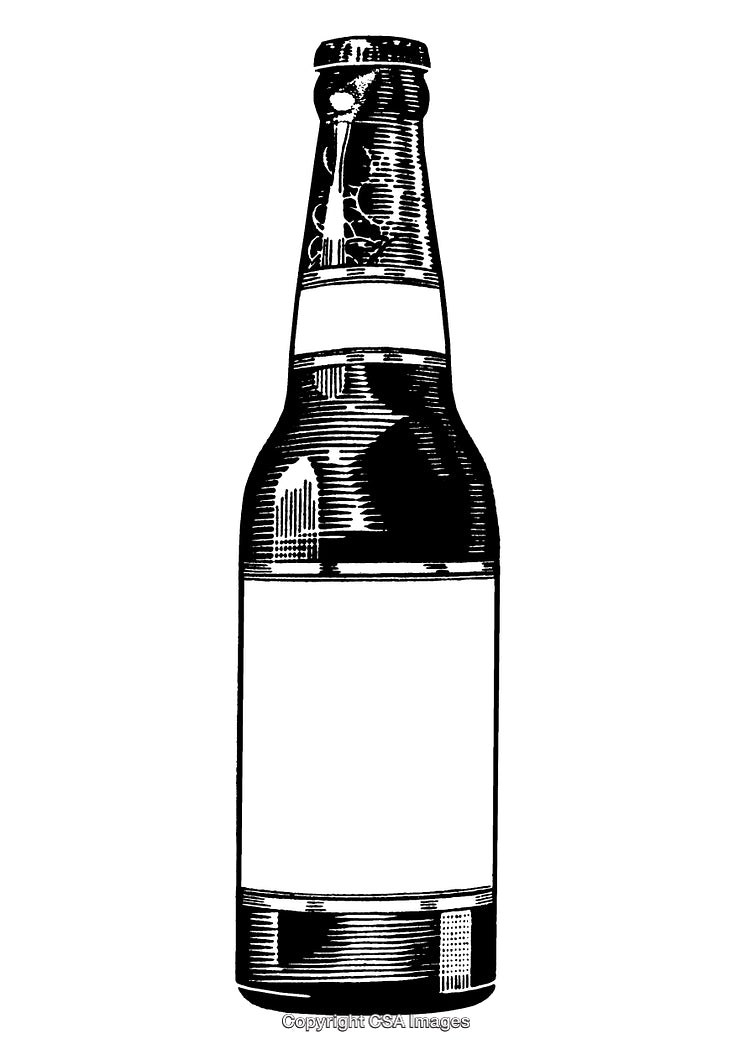 Black and White Engraving of a Blank Labeled Beer Bottle