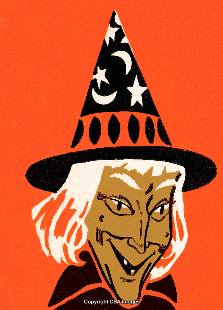 Vintage Halloween Illustration Featuring a Witch with a Pointed Starry Hat