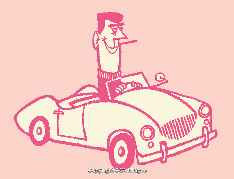 Retro Styled Line Art Illustration of a Man Driving a Classic Convertible
