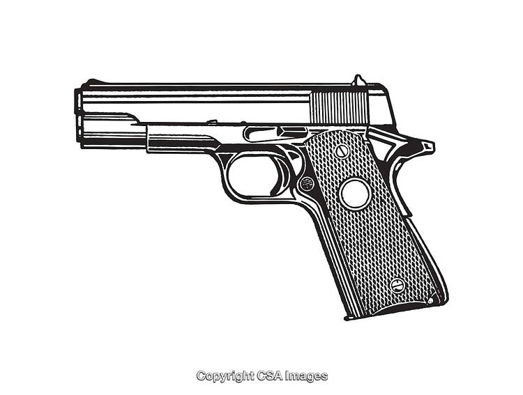 Detailed Line Art Illustration of a Classic Handgun in Black and White