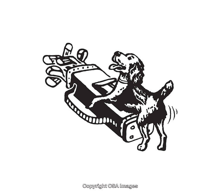Illustration of a Playful Dog Interacting with a Robotic Arm in Black and White