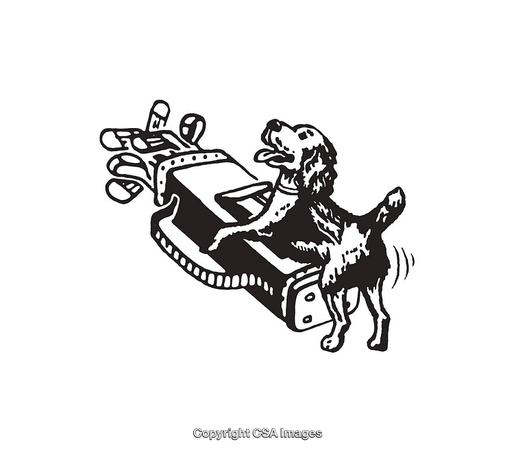 Illustration of a Playful Dog Interacting with a Robotic Arm in Black and White