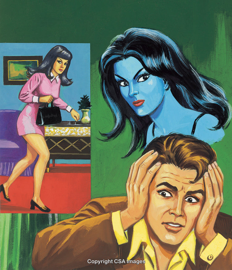 Dramatic Vintage Scene Featuring Emotions, Colorful Characters, and Mystery Elements