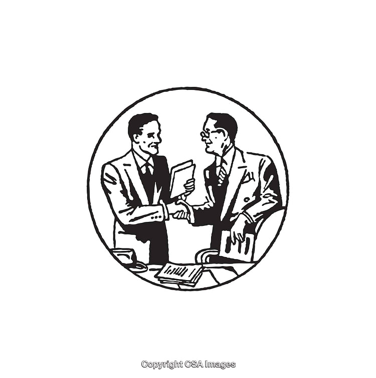 Vintage Illustration of Two Business Professionals Shaking Hands in Meeting