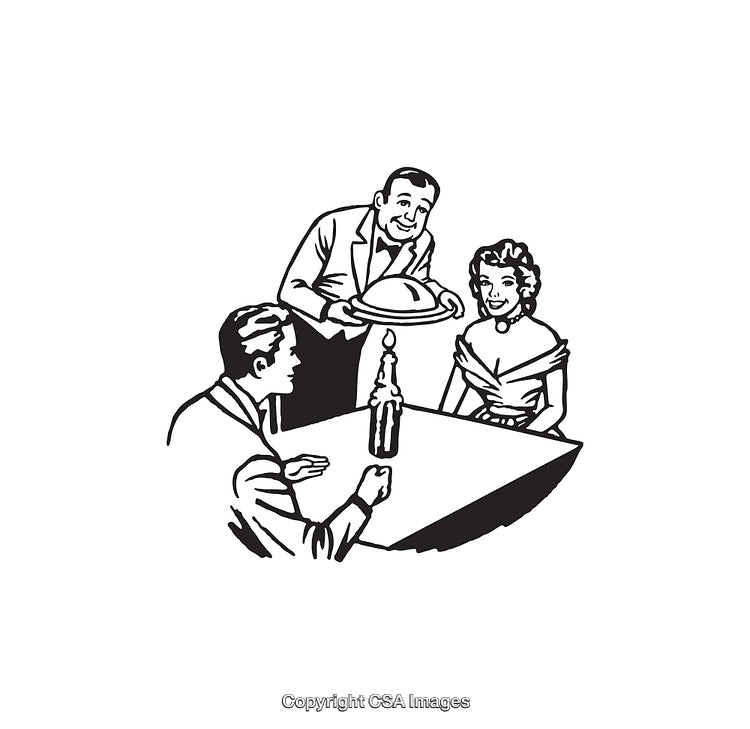 Vintage Line Art of a Waiter Serving a Couple at a Restaurant Table