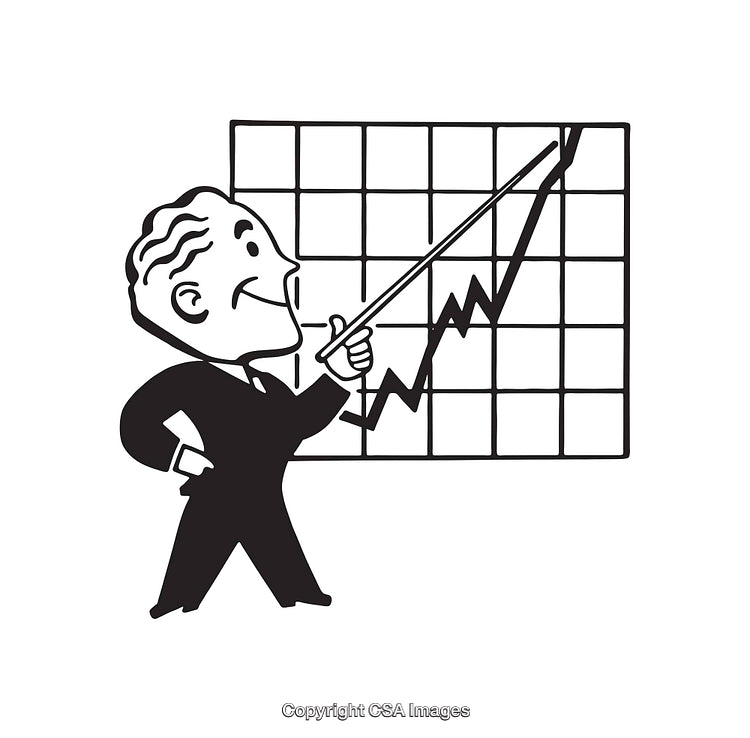 Vintage Illustration of a Businessman Pointing to a Rising Chart