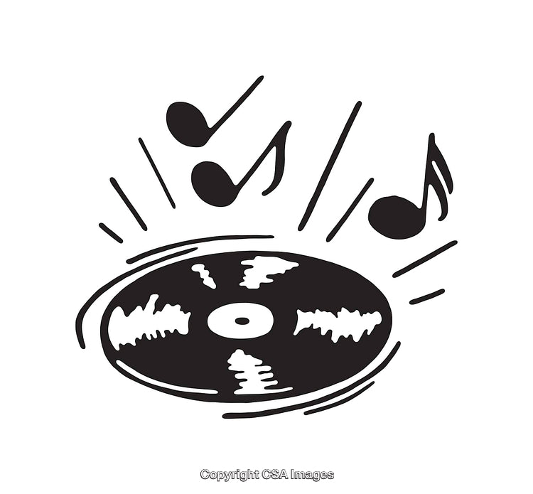 Black and White Line Art of Vinyl Record and Musical Notes