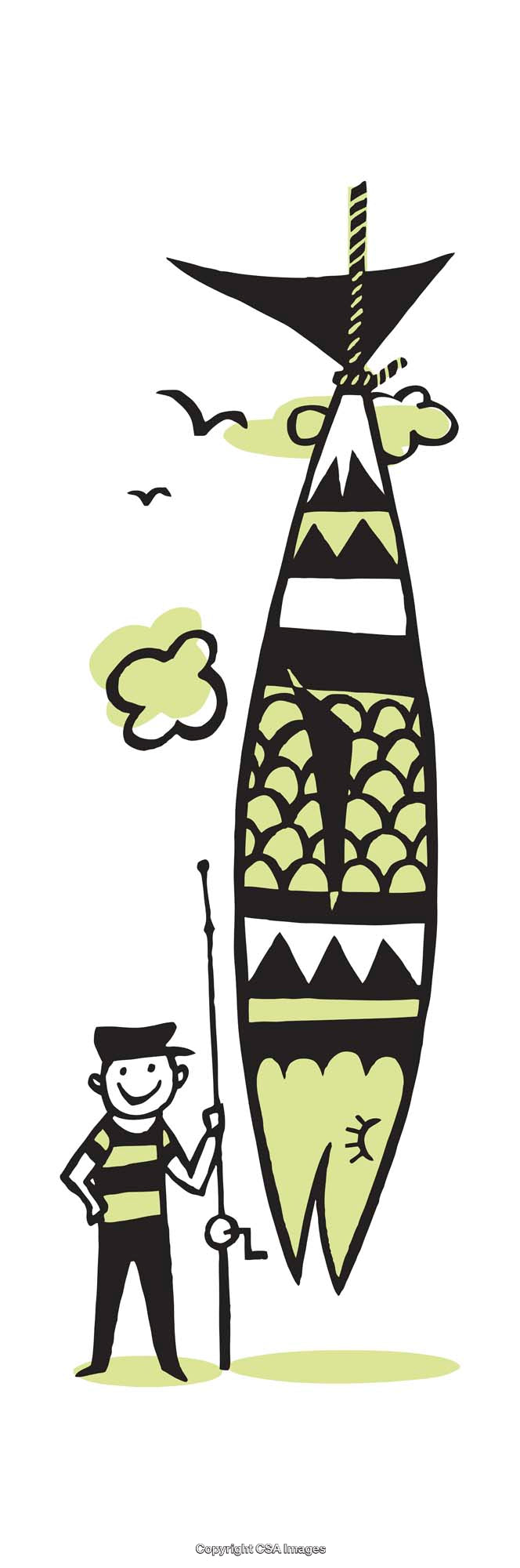 Cartoon Fisherman Holding Huge Fish in Whimsical Style Illustration