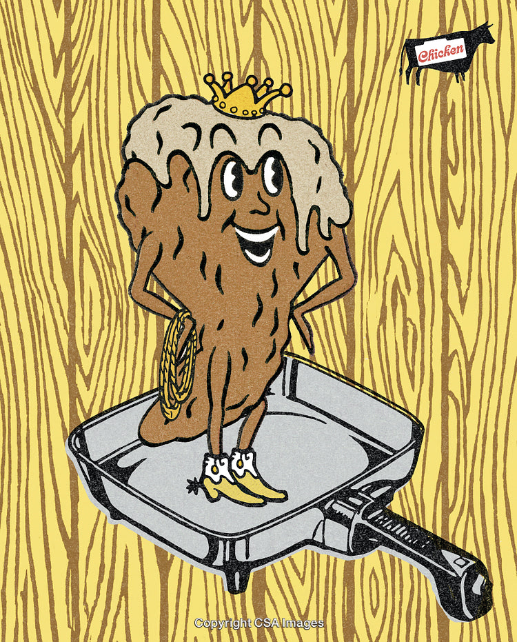 Cartoon Chicken Nugget with a Crown in Frying Pan on Wood Background