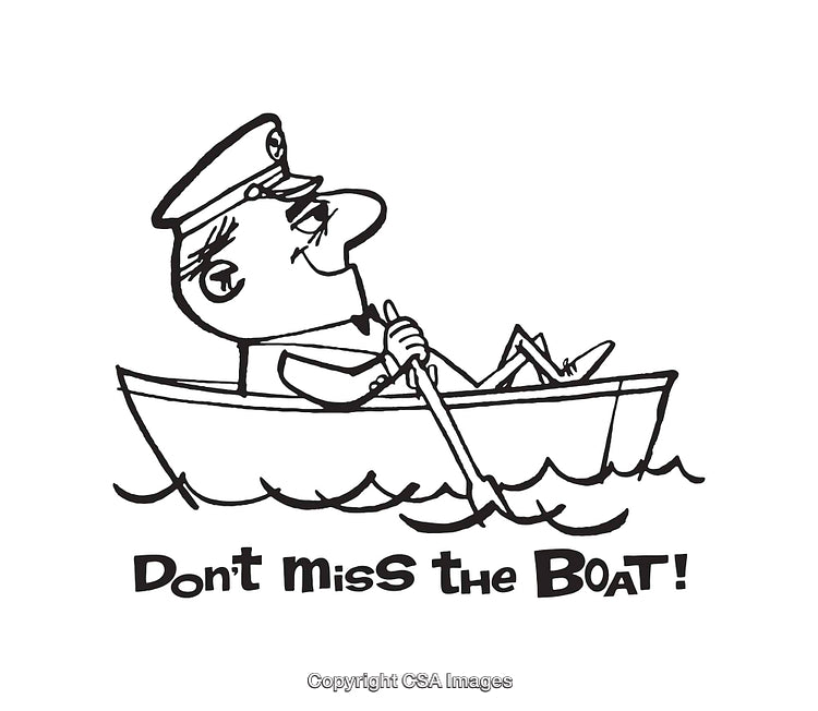 Cartoon Sailor Rowing Boat With Text 'Don't Miss the Boat'