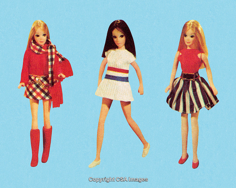 Vintage Styled Dolls in Vibrant Outfits on Light Blue Background