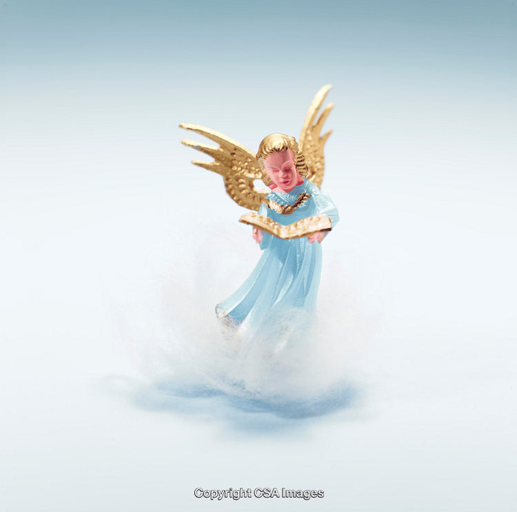 Golden Winged Angel Figurine with Book in Heavenly Scene