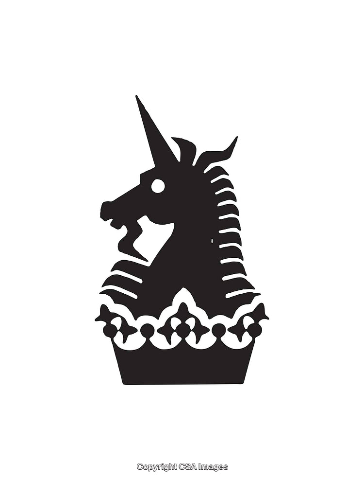 Black Silhouette of a Unicorn Within a Crown-Shaped Motif
