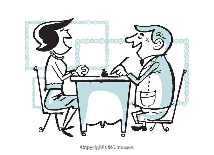 Friendly Cartoon Illustration of Two People Conversing at a Table