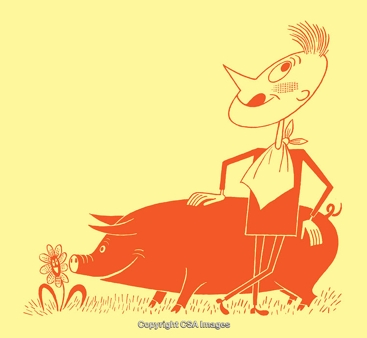 Whimsical Illustration of Character with Pig in Brightly Colored Line Art