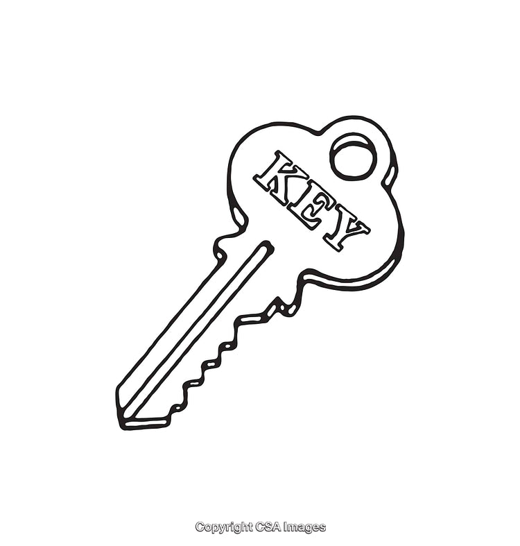 Black and White Line Art Illustration of a Key with Text
