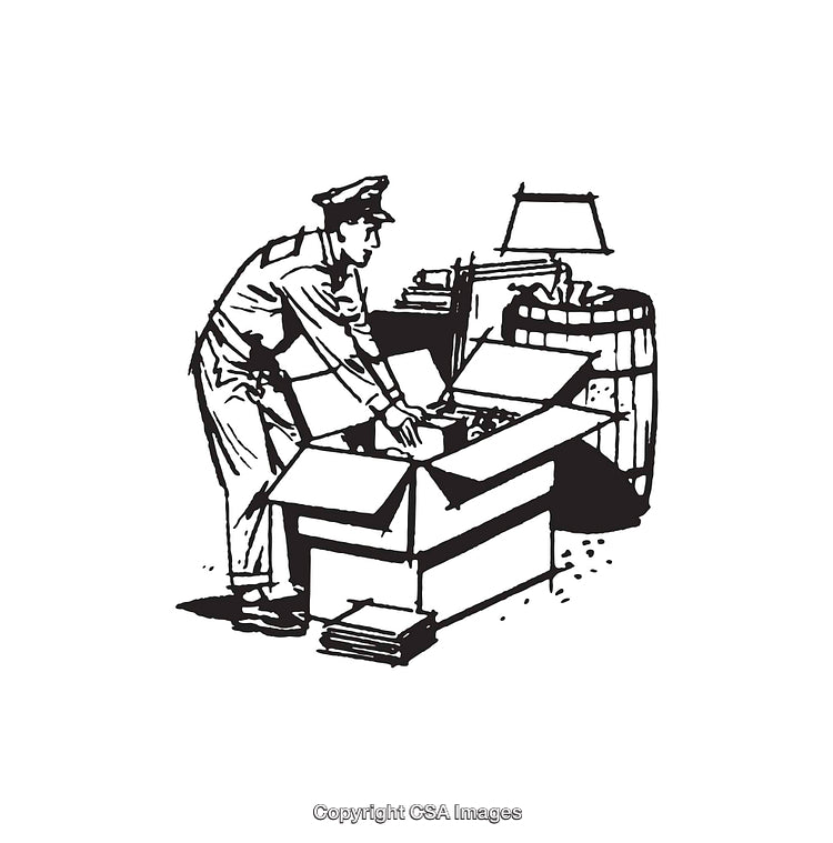 Black and White Line Art of a Man Packing Boxes in a Room