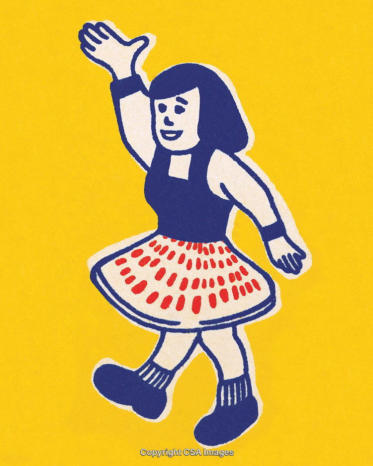Playful Vintage Illustration of a Dancing Girl on a Yellow Background