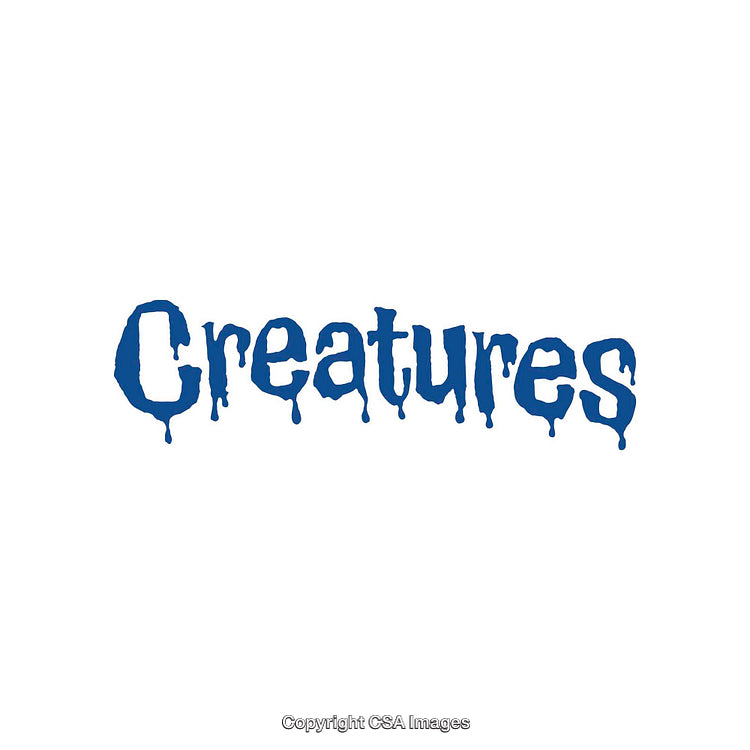 Creatures Text Depicted in Blue Dripping Font on White Background