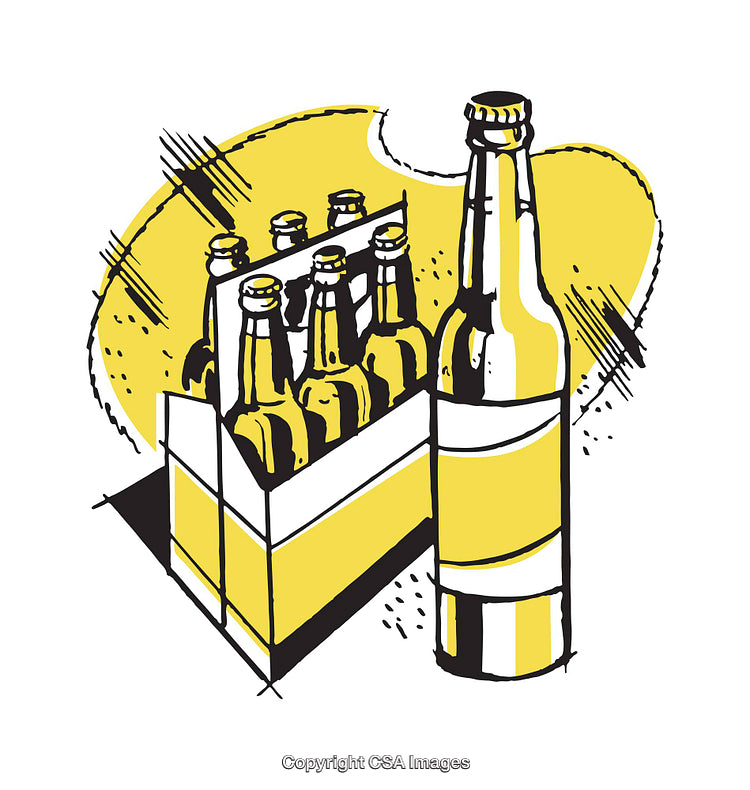 Illustration of Beer Bottles with a Six-Pack Box on a Yellow Background