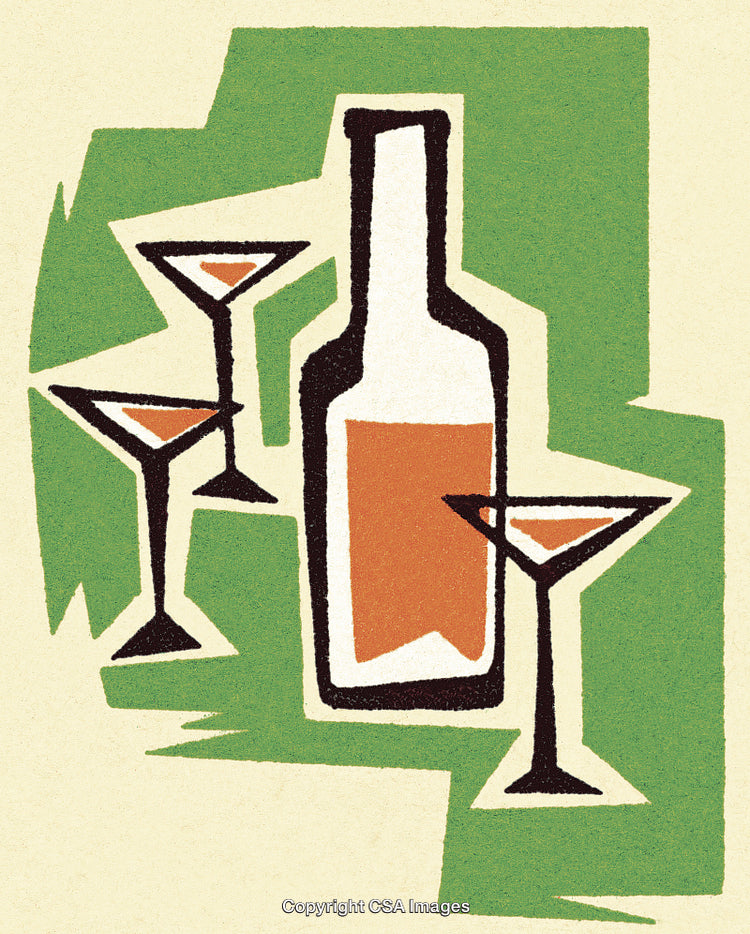 Abstract Illustration of Beverage Bottle with Glasses in Vibrant Retro Design