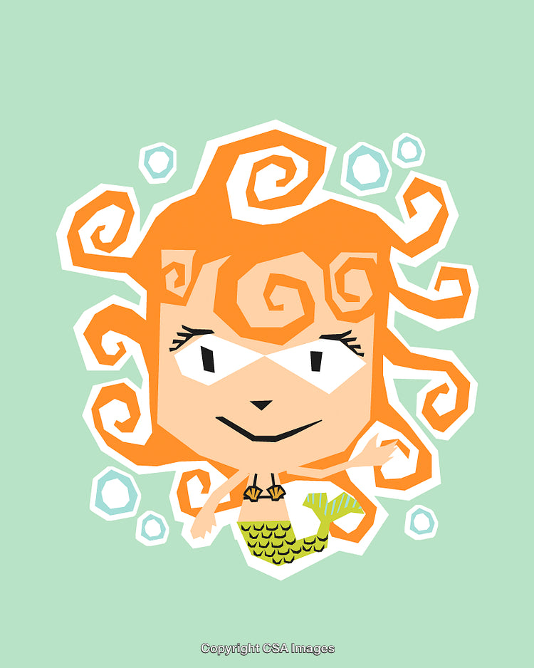 Cartoon Illustration of a Mermaid with Curly Red Hair Underwater
