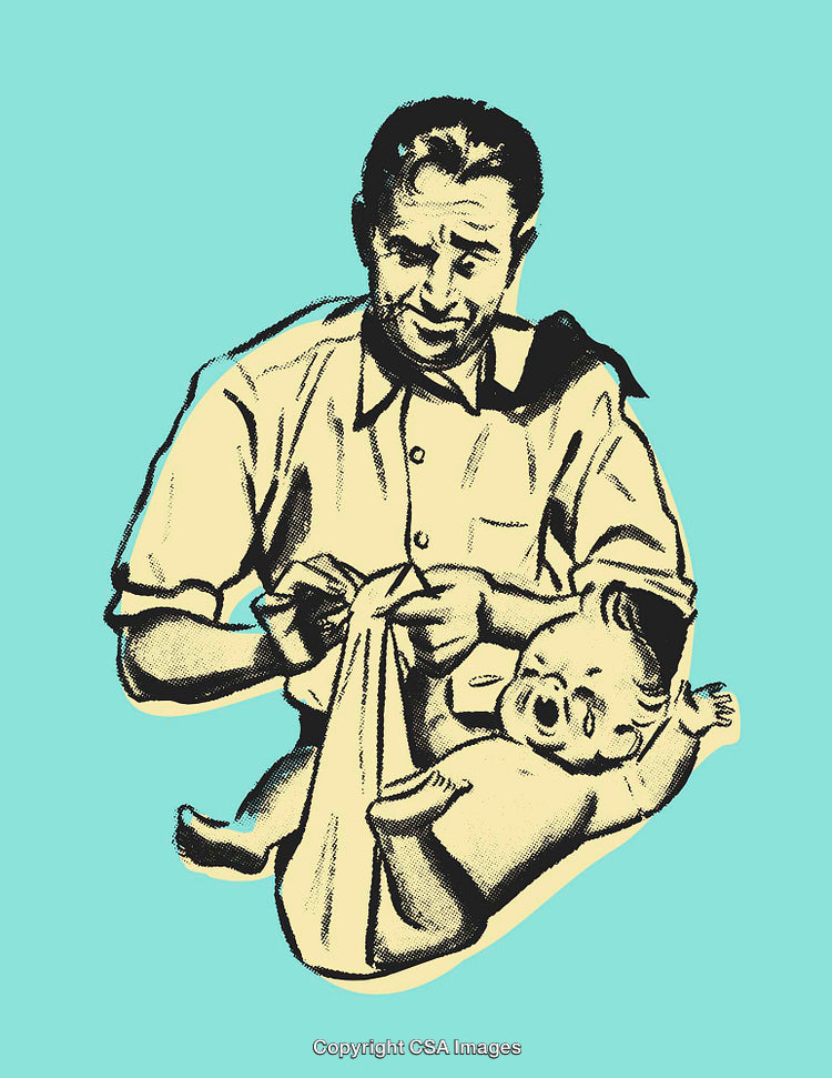 Father Diapering Baby in Vintage Style Line Art Illustration
