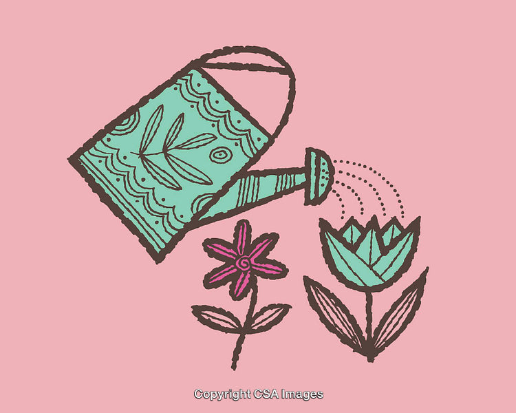 Colorful Floral Line Art Illustration with Watering Can
