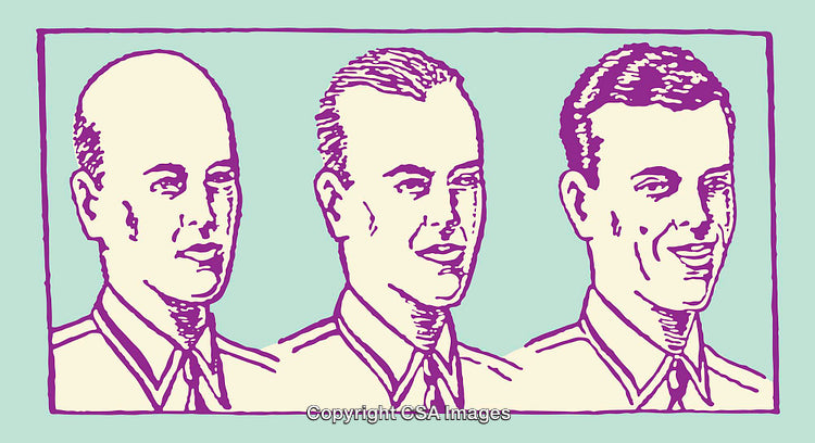 Progression of Male Hairstyles in Vintage Line Art Illustration