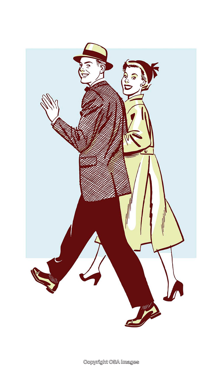 Retro Style Illustration of a Smiling Couple Walking Together Outdoors