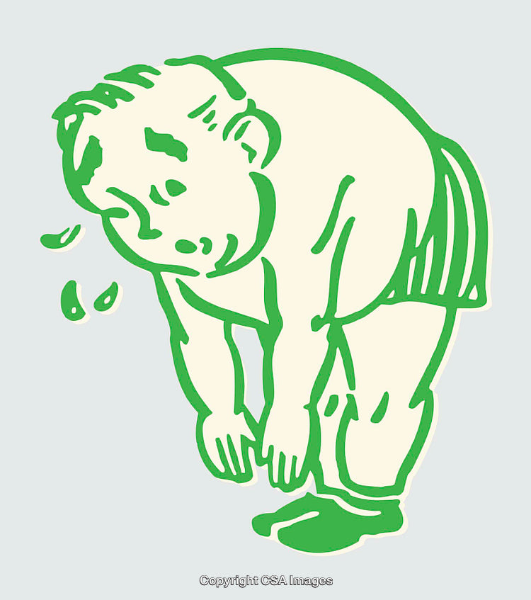 Green Line Art Illustration of a Weary Man Leaning Forward