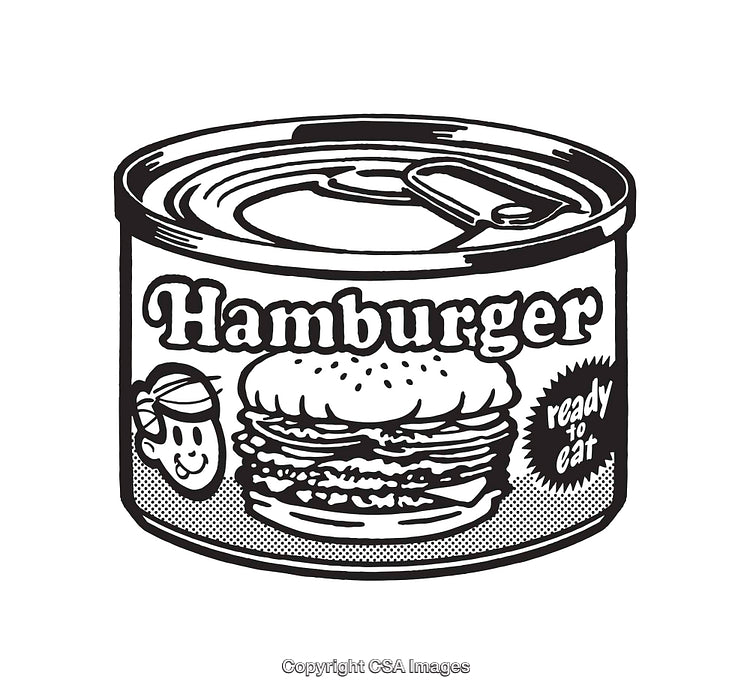 Black and White Line Art of a Canned Hamburger Illustration