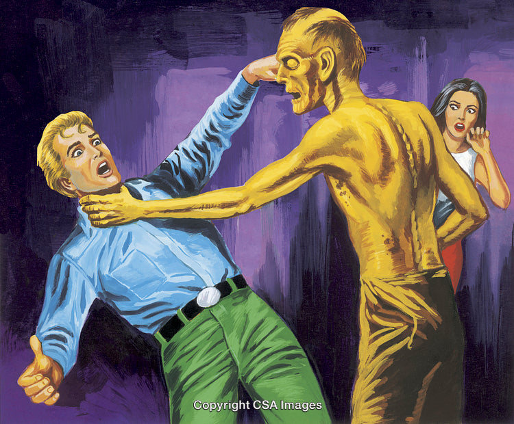 Retro Illustration of Frightened Man Confronted by a Monstrous Creature and Shocked Woman