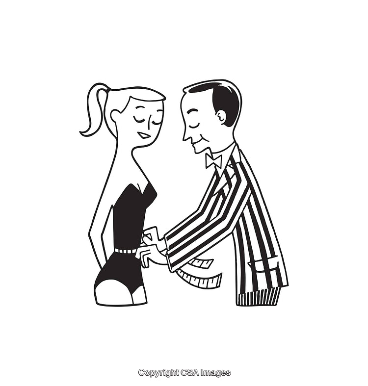 Black and White Line Art of Tailor Measuring Woman's Outfit