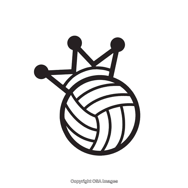 Black and White Line Art of Volleyball with a Crown Icon