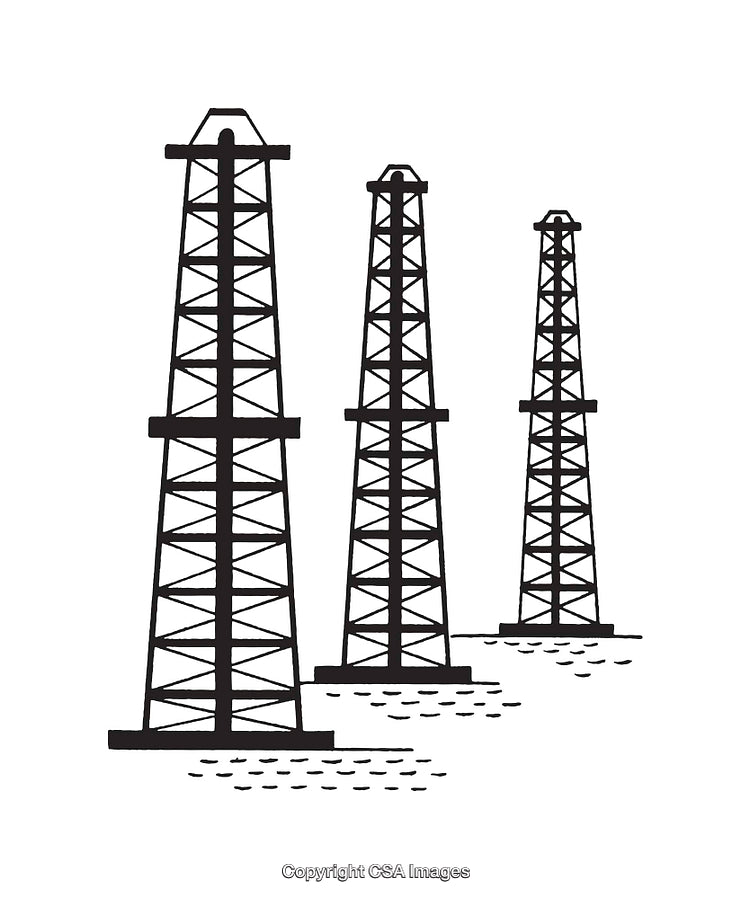 Black and White Line Art of Oil Rigs in Abstract Style