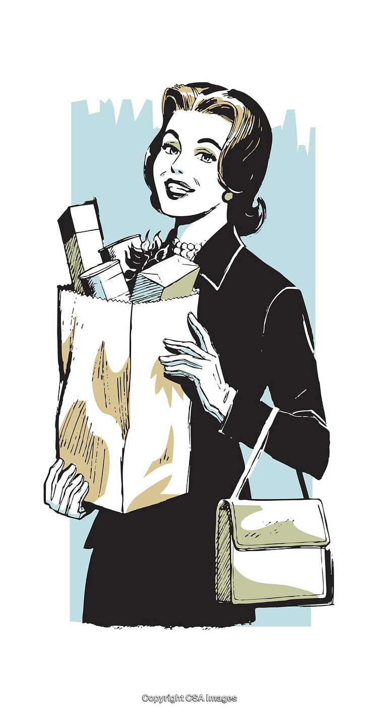 Vintage Style Illustration of Happy Shopping Woman Holding Grocery Bag