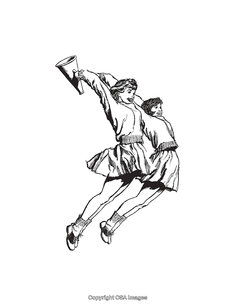 Vintage Illustration of Cheerful Cheerleaders Jumping With Megaphone