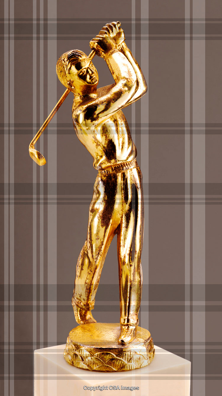 Golden Statue of a Golfer Swinging a Club with Stylish Background