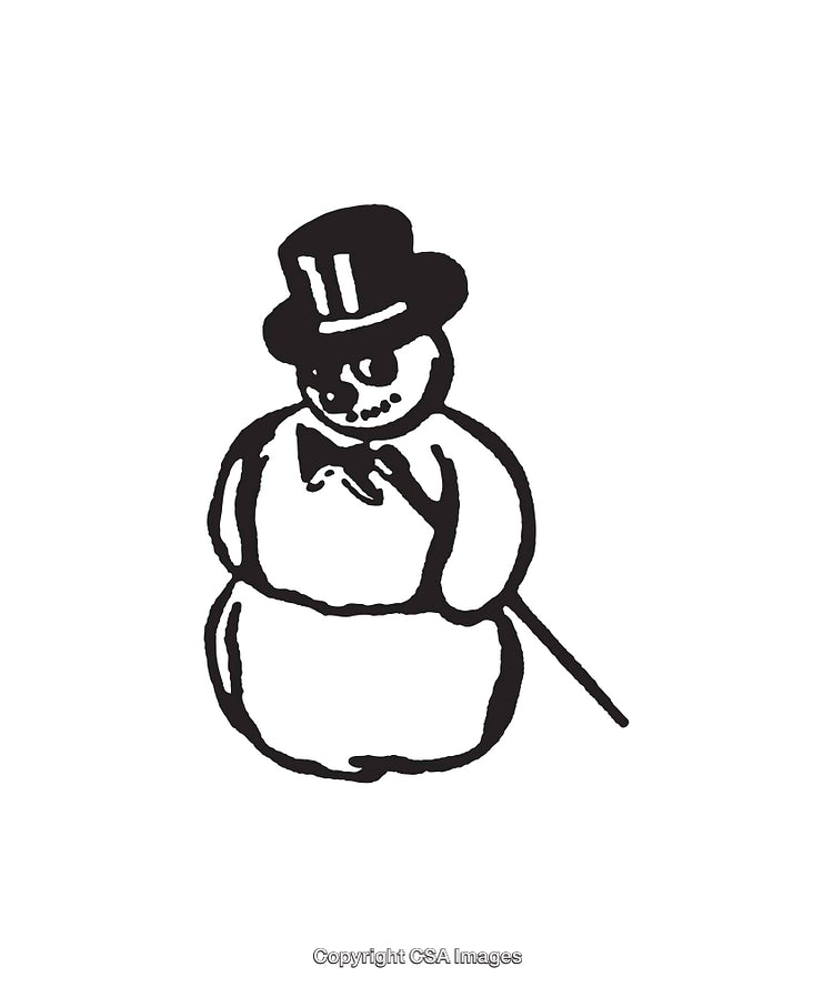 Vintage Snowman Drawing with Top Hat and Cane in Black and White